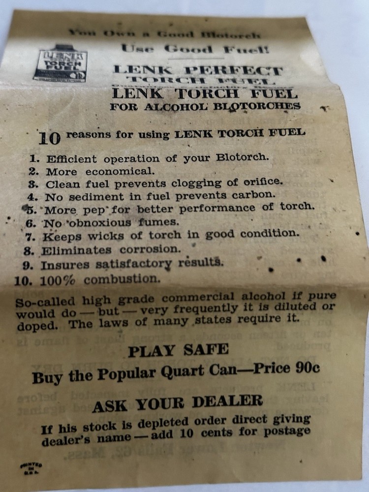 ANTIQUE LENK BRASS AUTOMATIC BLOW TORCH NO. 24 WITH BOX & INSTRUCTIONS -UNTESTED