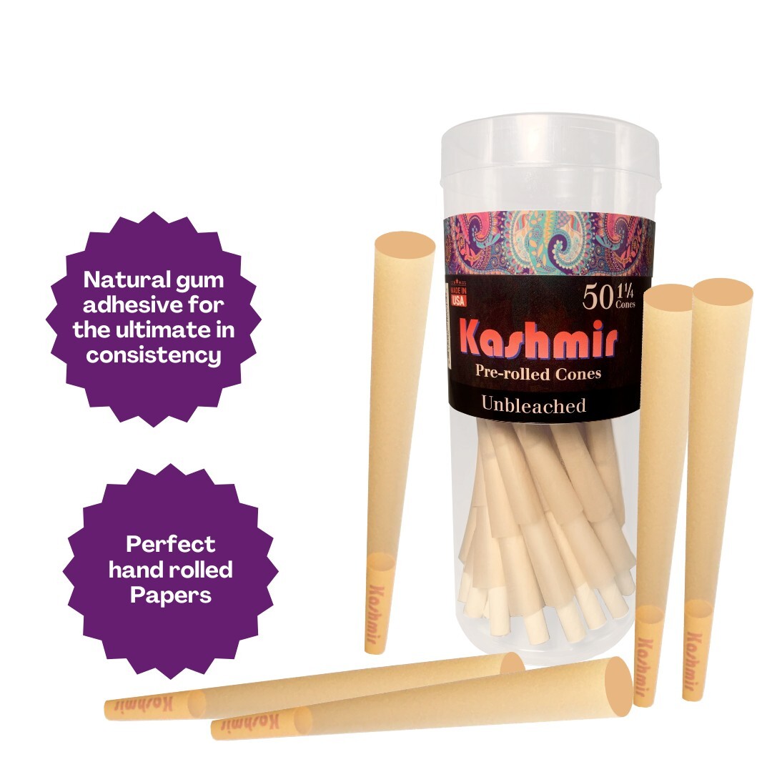 Kashmir Cones Classic 1-1/4 Size | 50 Pack | Natural Pre Rolled Rolling Papers