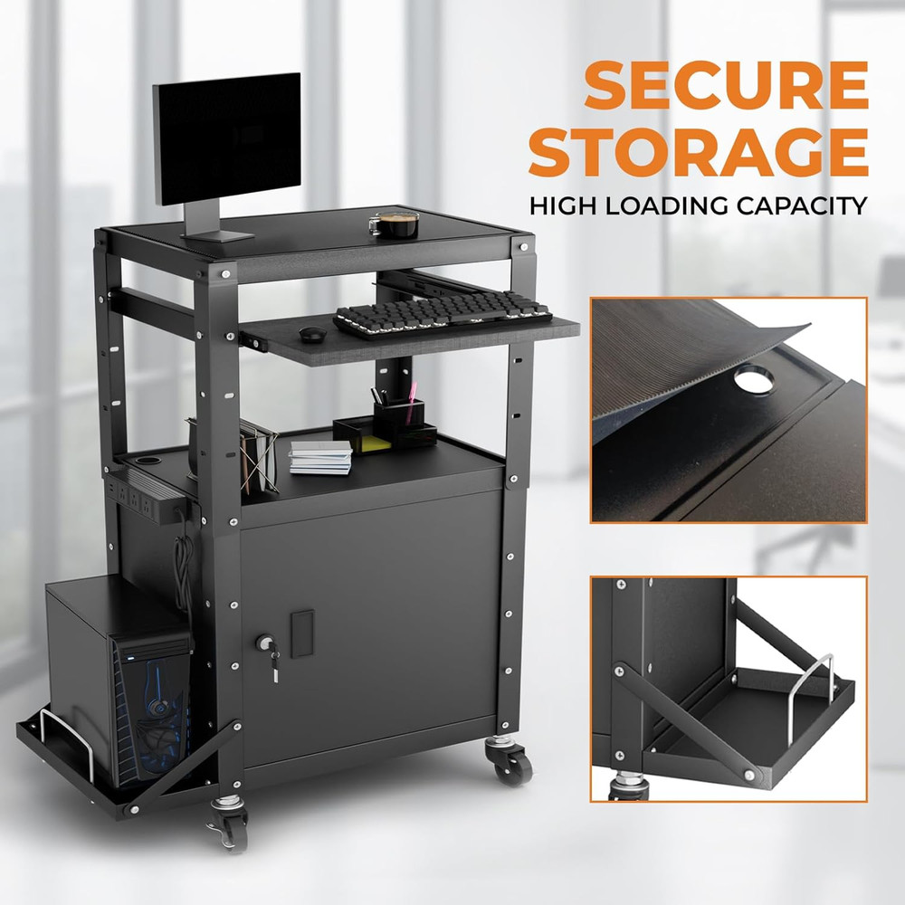 Mobile AV Cart with Side Shelves, Rolling Computer Cart Height Adjustable Rollin