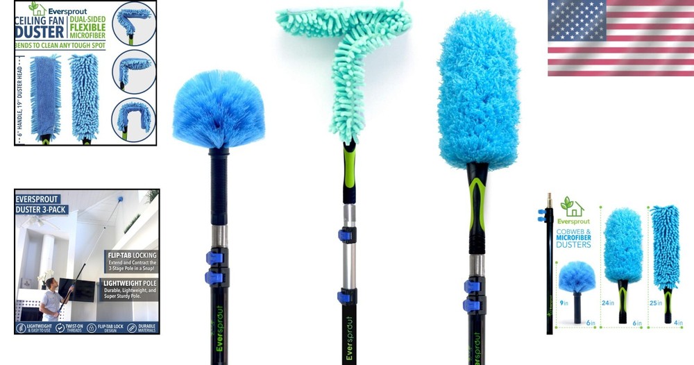 Hand-Packaged 3-Pack Duster Collection with Extension Pole – Dusting Made Easy