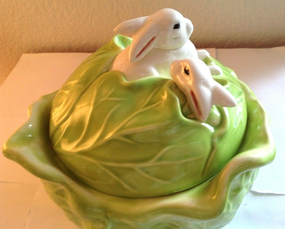 Vintage Bunny Rabbits Inside Green Cabbage Serving Dish