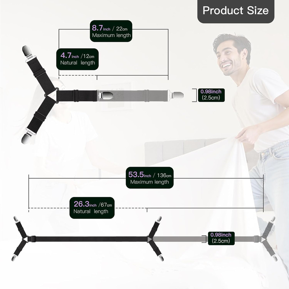 12PCS Bed Sheet Straps, Secure & Adjustable Fitted Sheet Holders for Full, Queen