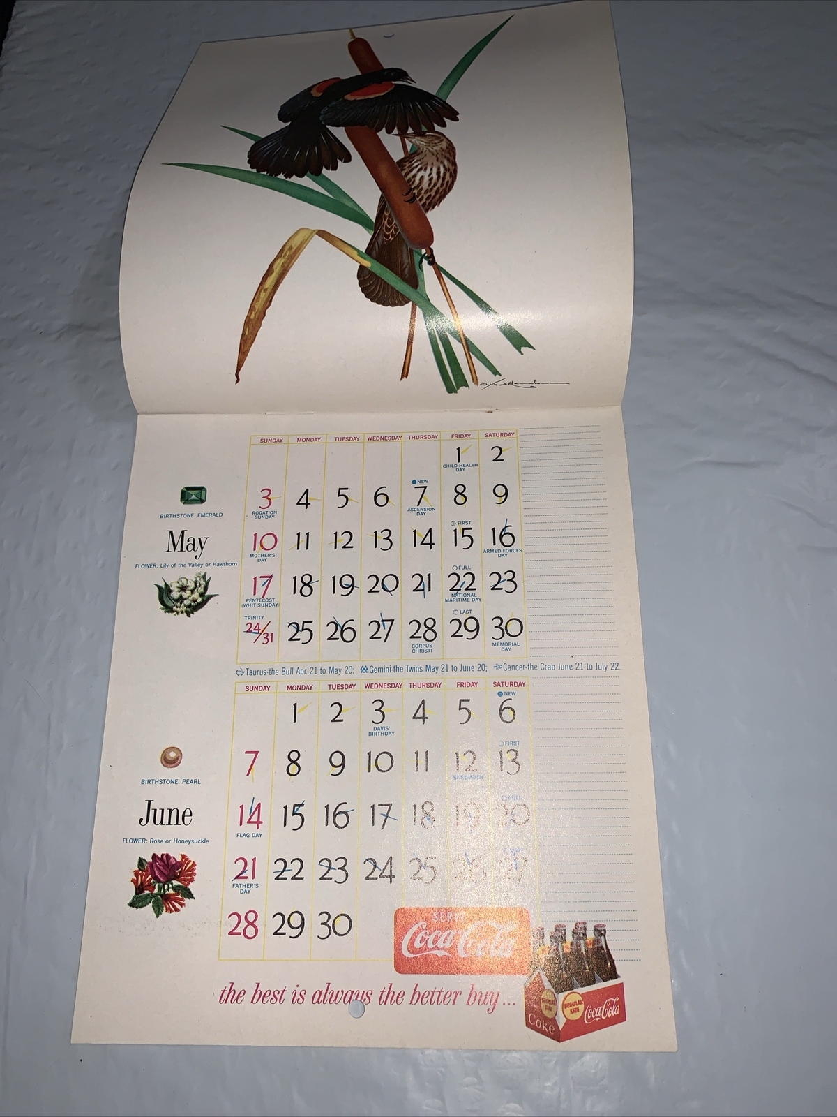 Original 1959 Coca Cola Calendar of American Birds 7 x 12” by ATHOS MENABONIL