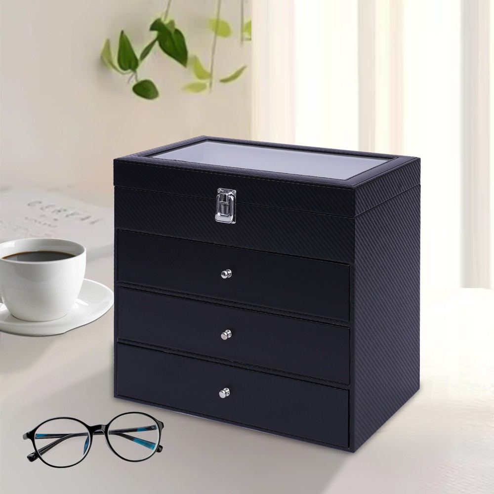 Glasses display box, 24 compartments, with clear skylight, black