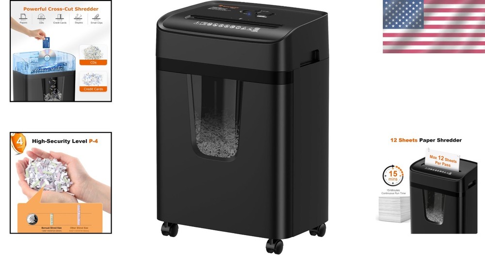 High Security Shredder, 12-Sheet Cross Cut, Quiet Operation