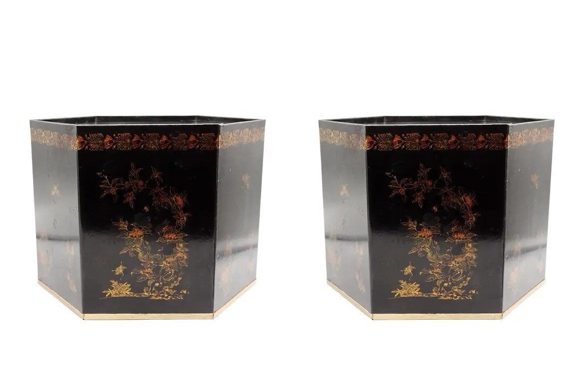 Italian Regency Style Toleware Jardinieres Preserved Boxwood Pair Gumps