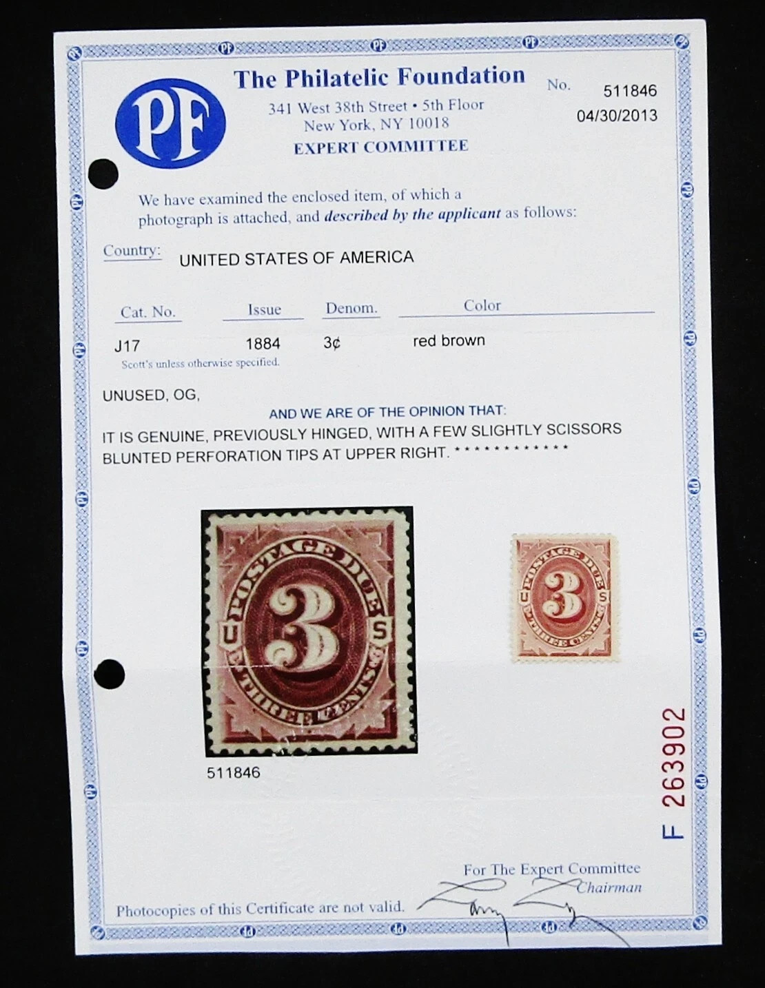 1884 3c US Postage Due Stamp #J17 Mint OG H CV $1,150 Philatelic Foundation Cert