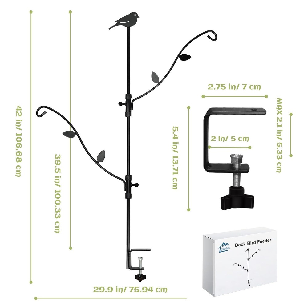 Adjustable Deck Bird Feeder Pole with Multi-Hooks - Black