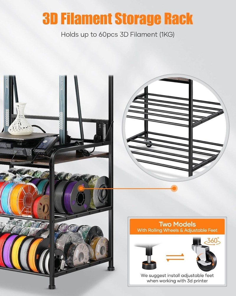 3D Printer Rack with Rolling Wheels, Filament Organizer for Garage & Workshop