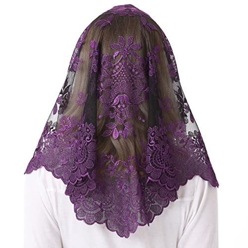 Church Veil for Women - Catholic Latin Mass Veil with Lace Purple&black
