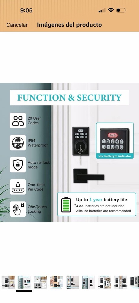 Combination Keypad Smart Door Lock Auto Re-Lock 20 User Codes Keyless Black