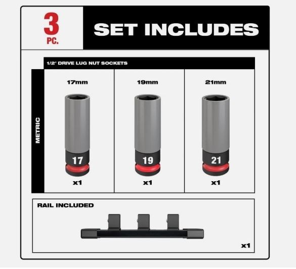 Milwaukee 1/2" Metric Lug Nut Socket Set 3 PC Impact Duty SHOCKWAVE 49-66-7830