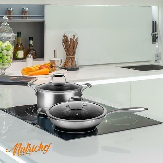 NutriChef 12'' Durable Wok Set with DAKIN Etching Non-Stick Coating - Silver