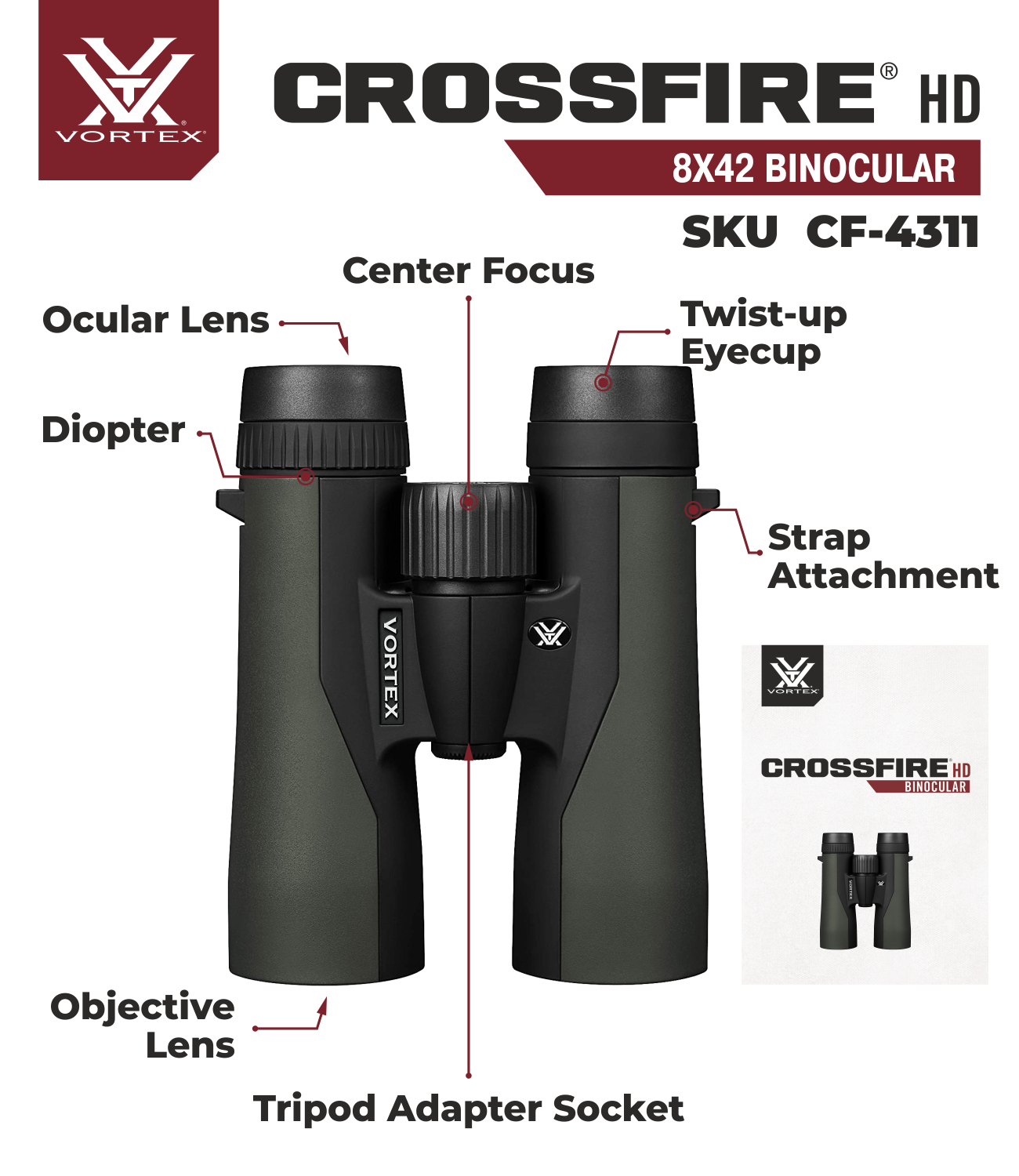 Vortex Optics Crossfire HD 8x42 Green Binocular w/ Free Camo Digital Hat Bundle