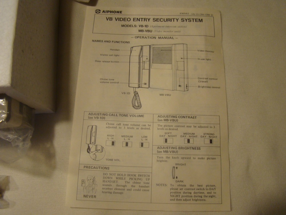 Vtg 1987 AIPHONE MB-VBU/a & VB-1D Video Entry Security System New Open Box