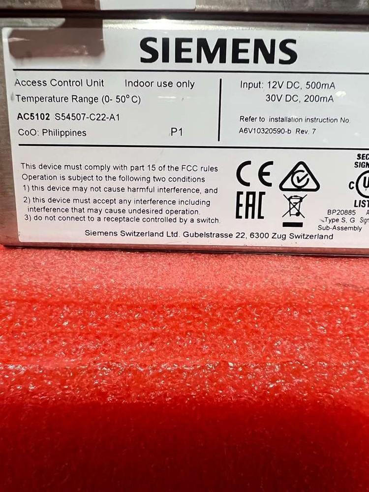 SIEMENS AC5102 S54507-C22-A1 ACCESS CONTROL UNIT TEMPERATURE RANGE 0-50°C