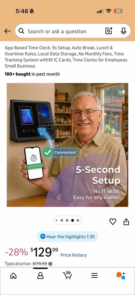 App-Based Time Clock, 5s Setup，Multi-Punch Daily, Auto Break, Lunch & Overtime R