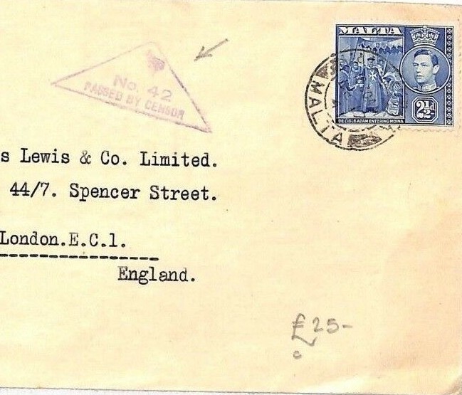 MALTA WW2 Censor Cover 1941 Triangular *42* & Circular *12* Violet London HH294