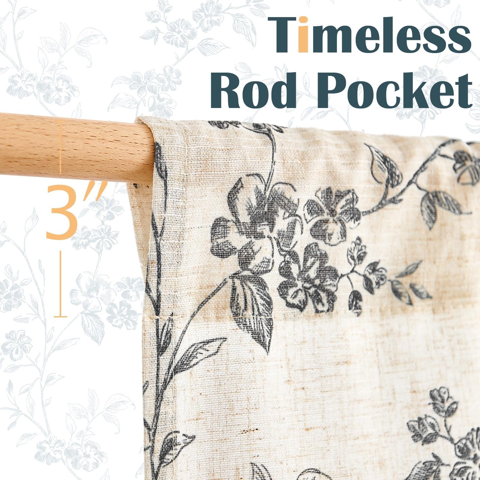 jinchan Floral Kitchen Curtains 26"W x 36"L (Pack of 2), Alisa Black on Linen