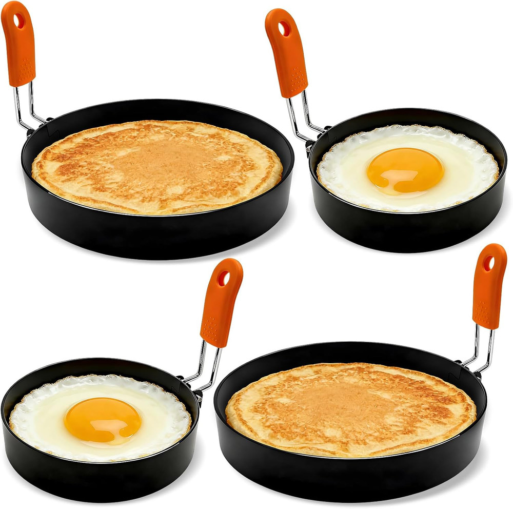 4 Pack Professional Egg Ring Set, Stainless Steel Griddle Pancake Shapers, round