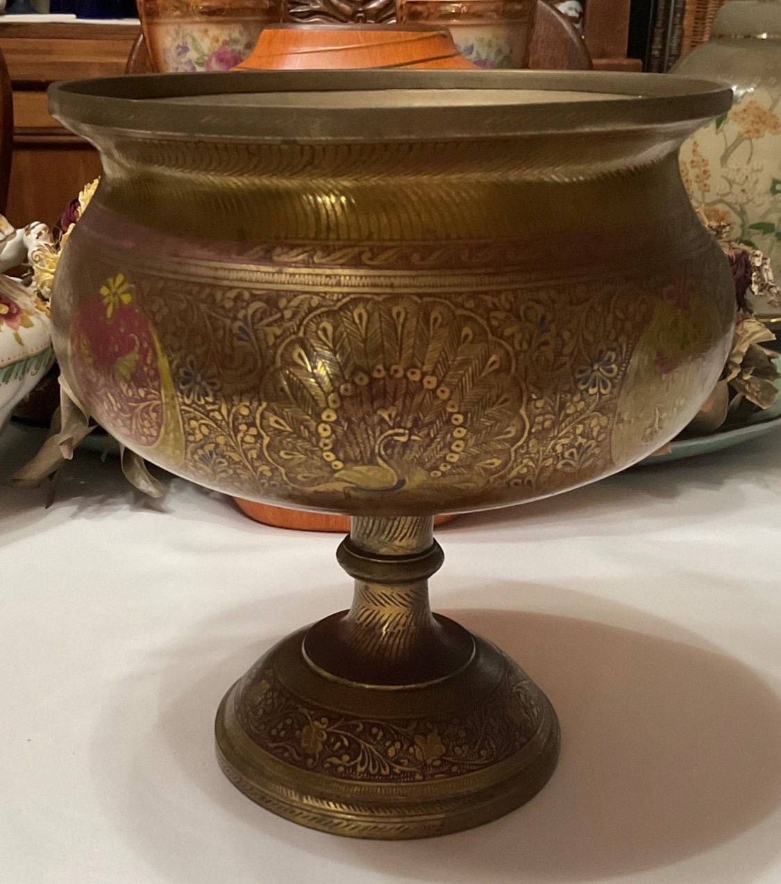 Etched Brass Pedestal Bowl Urn Peacock Floral Motif 7.3lb Ornate Centerpiece