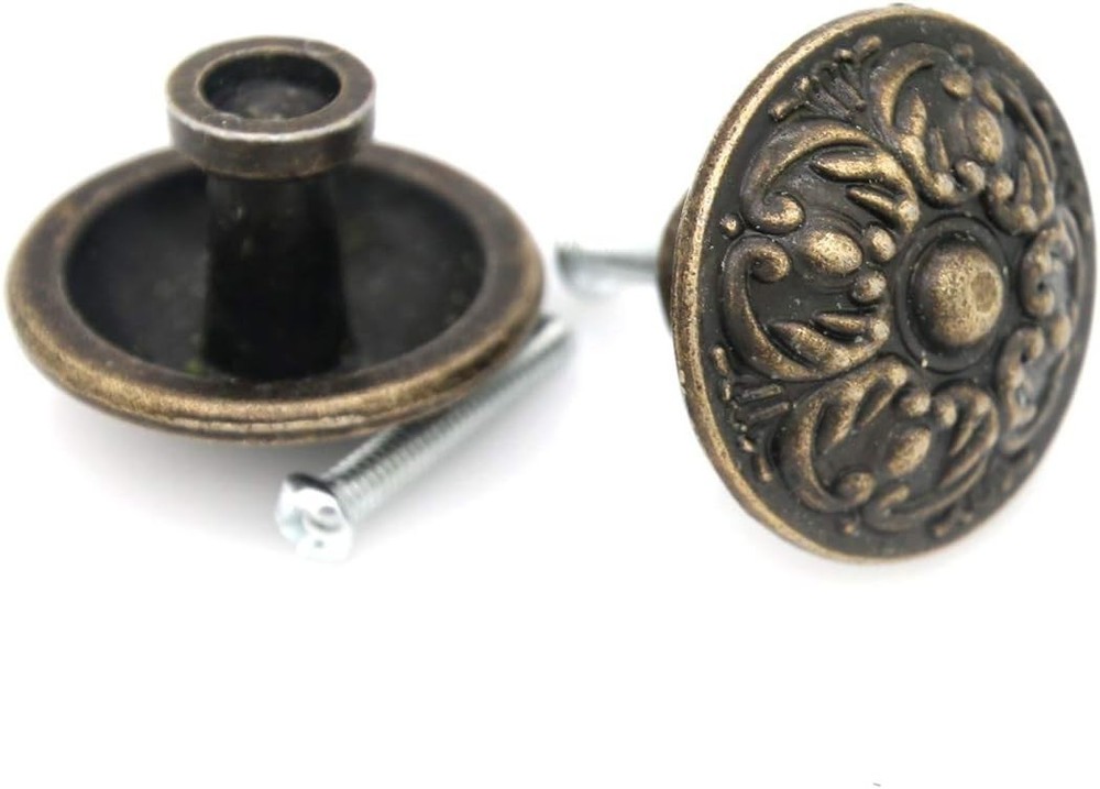 6 Pcs Vintage Antique Brass Knobs Handles Pulls with Flower Pattern For Cabinet