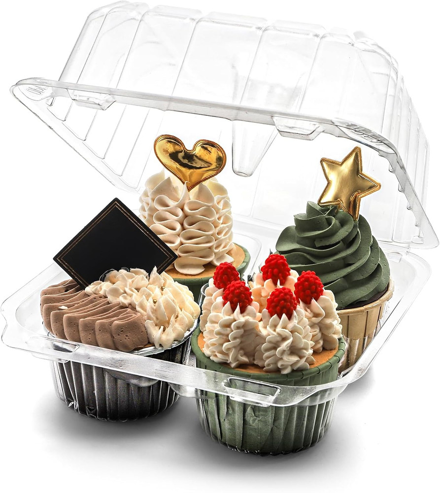 50 Pack Clear Cupcake Box 4 Cavity Plastic Holder Deep Dome Disposable Container