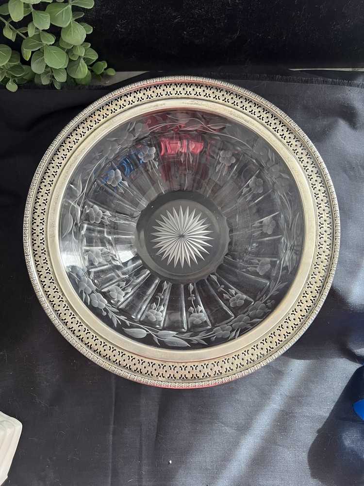 Etched Crystal And Sterling Silver Bowl