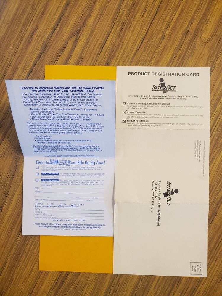 Game Shark Registration Card INSERT & Mailer ONLY Authentic