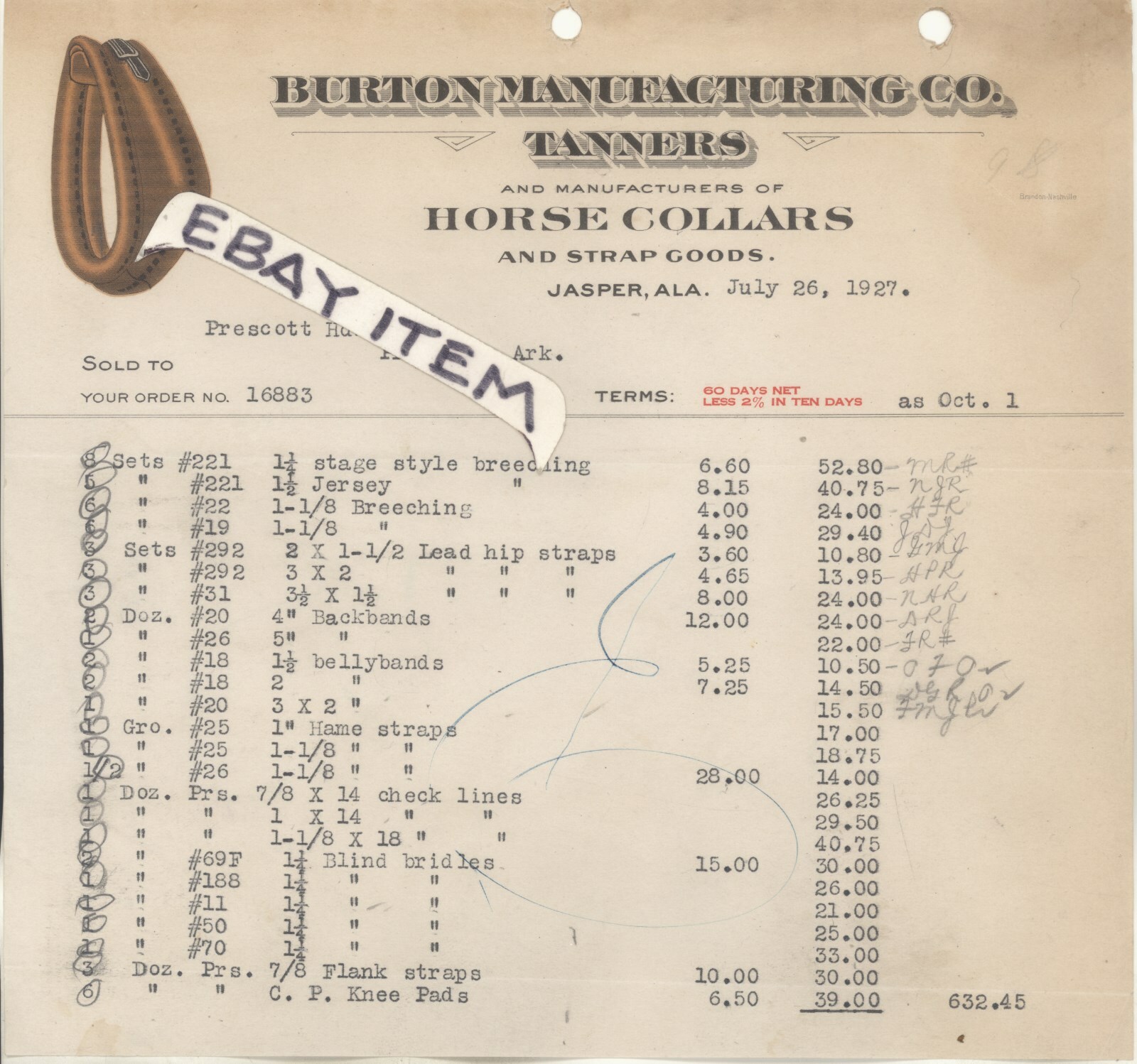 1927 CL BURTON MANUFACTURING Jasper ALABAMA leather tanners A S PRESTON billhead