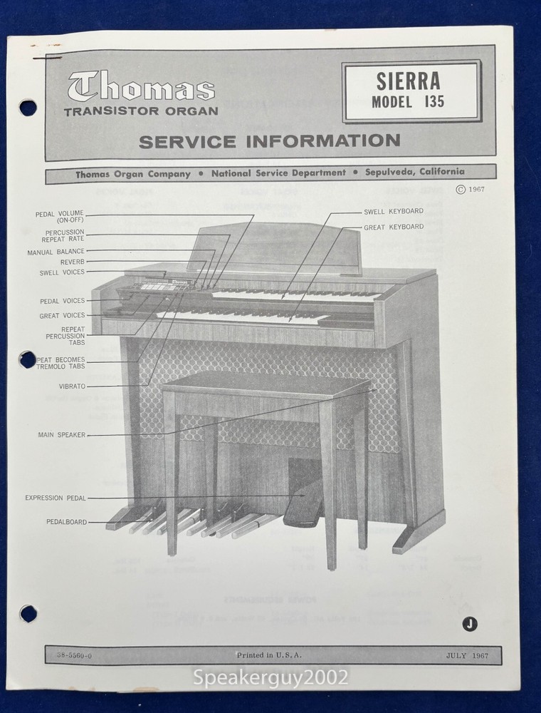 Original Thomas Organ Service Manual / Sierra 135 -- #1