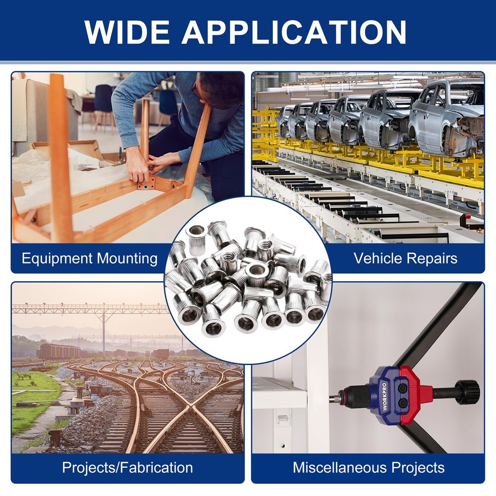 WORKPRO 50PC Rivet Nuts 1/4"-20 Flat Head Threaded Insert Stainless Steel Rivnut