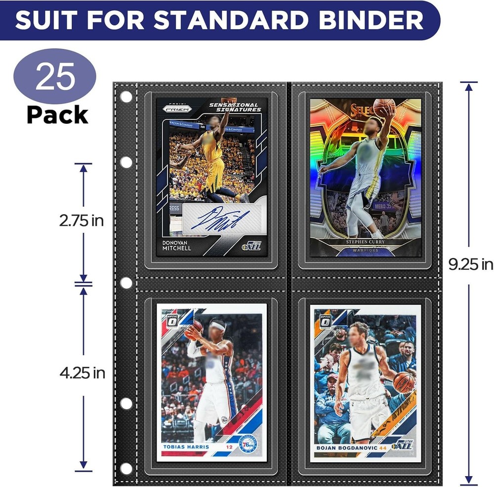 Top Loader Sleeves 4-Pocket Trading Card Storage Refill Binder Pages – 25 Pack