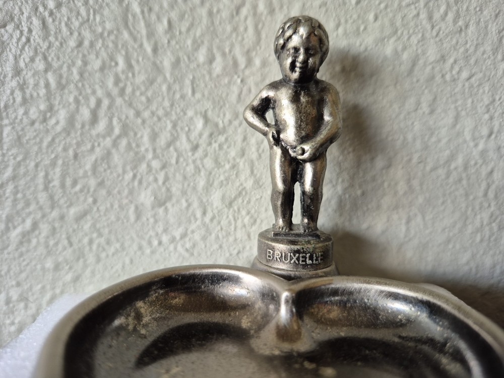 Vintage Belgian Manneken Pis Of Brussels Small Tray Silver Plated 3"H x 4"L