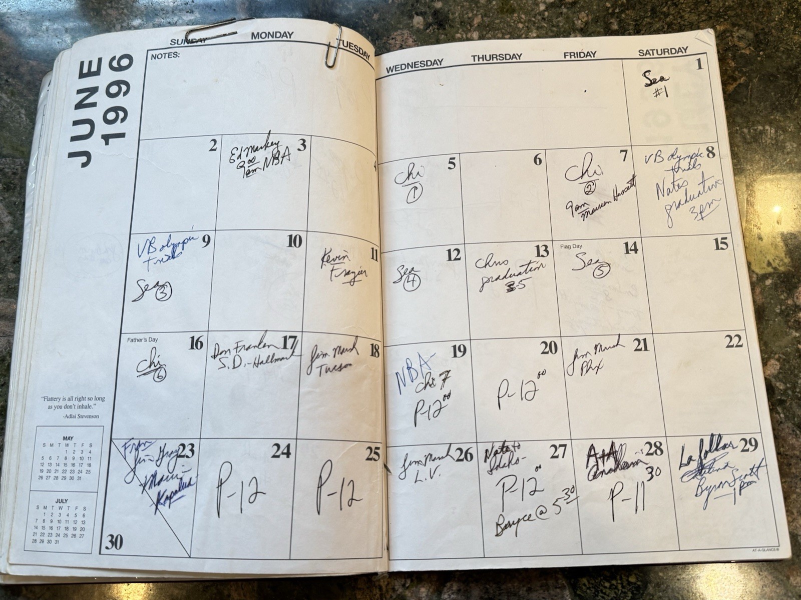 Bill Walton Personally Owned & Signed 1995-1996 NBA Sports Monthly Planner NBC