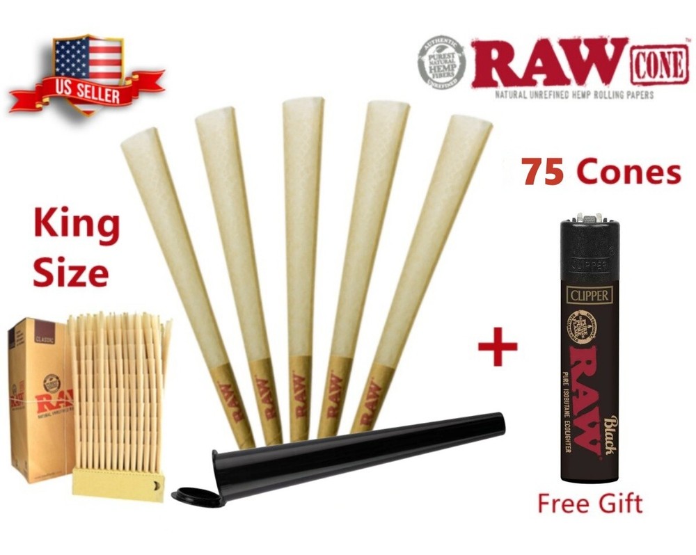 Authentic RAW Classic King Size Pre-Rolled Cones 75 Pack & Clipper Lighter US