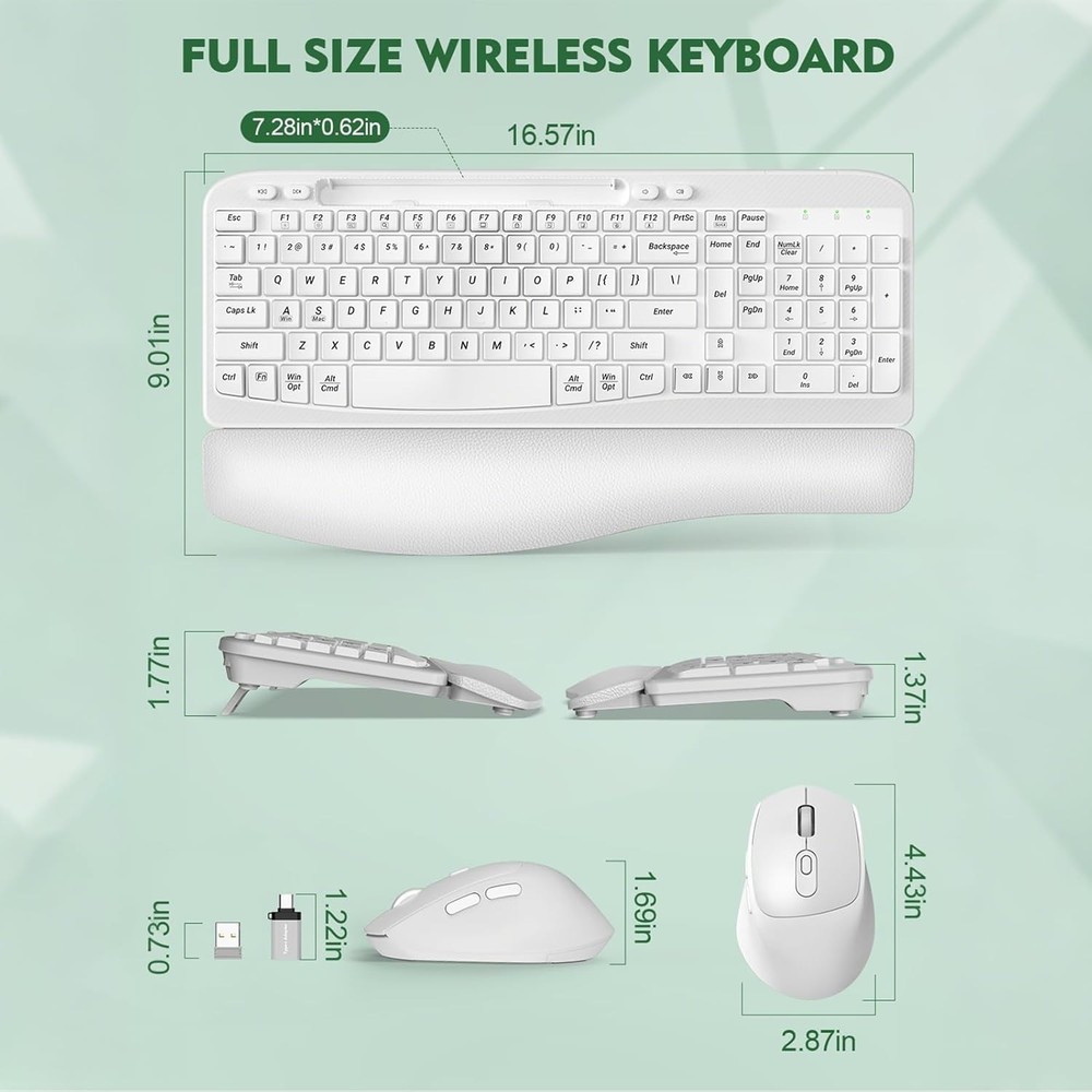 Wireless Keyboard and Mouse Combo, Wave Keys Full-Sized Ergonomic Keyboard with