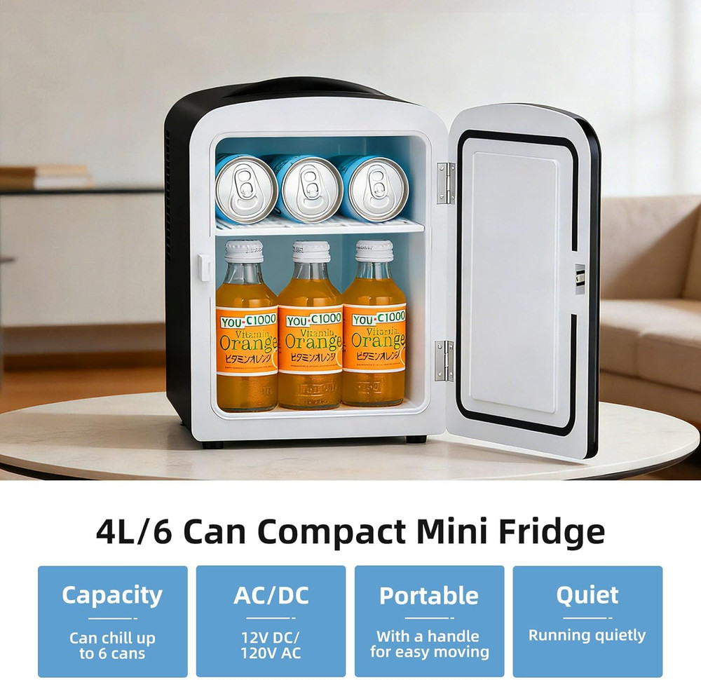 4L/6 Can Portable Mini Fridge Personal Compact Refrigerator Small Cooler