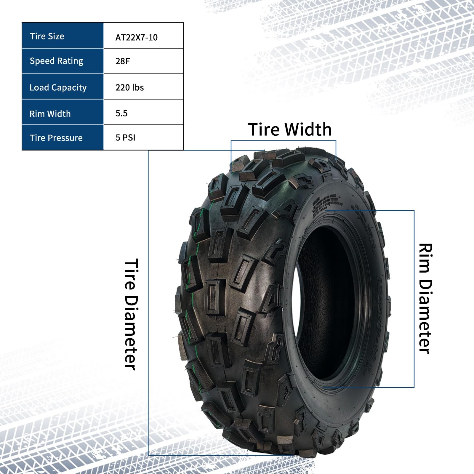 Set of 2 22x7-10 ATV/UTV Tires All Terrain 22x7x10 6Ply Tubeless Tires Tyres US