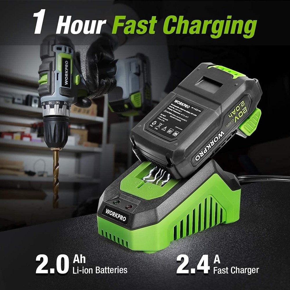 WORKPRO 20V Cordless Drill Combo Kit Drill Driver&Impact Driver 2x 2.0Ah Battery