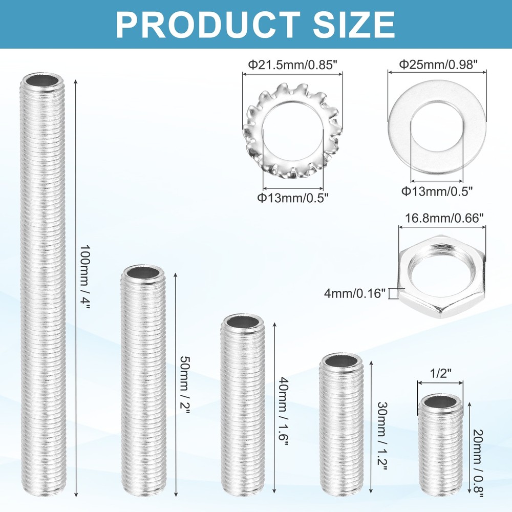 35Pcs 5 Size 1/4IP Lamp Pipe Kit with Lock Nuts Washers for Assembly, Silver