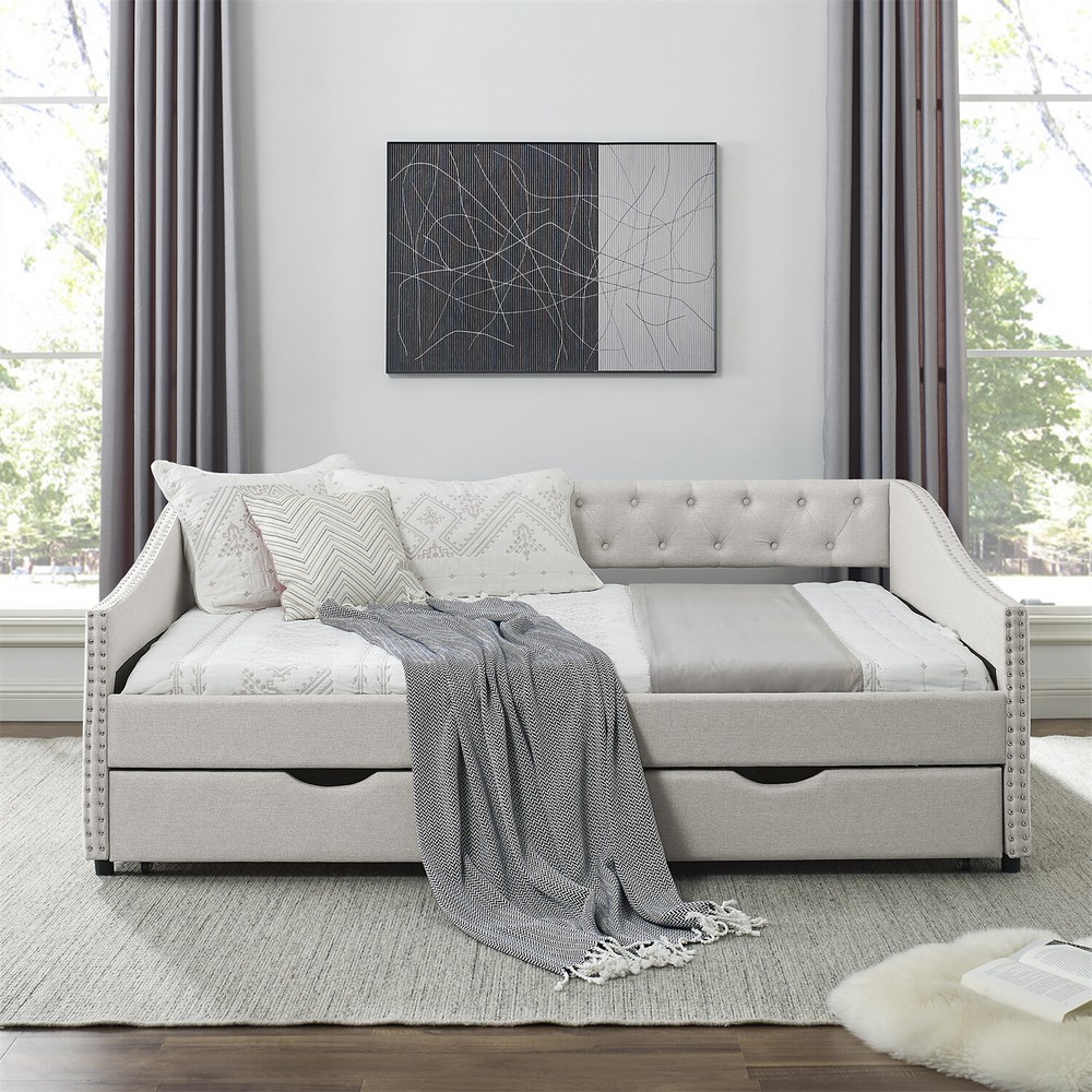 Full Size Daybed Upholstered Bed Frame Sofa Bed w/ 2 Storage Drawers US