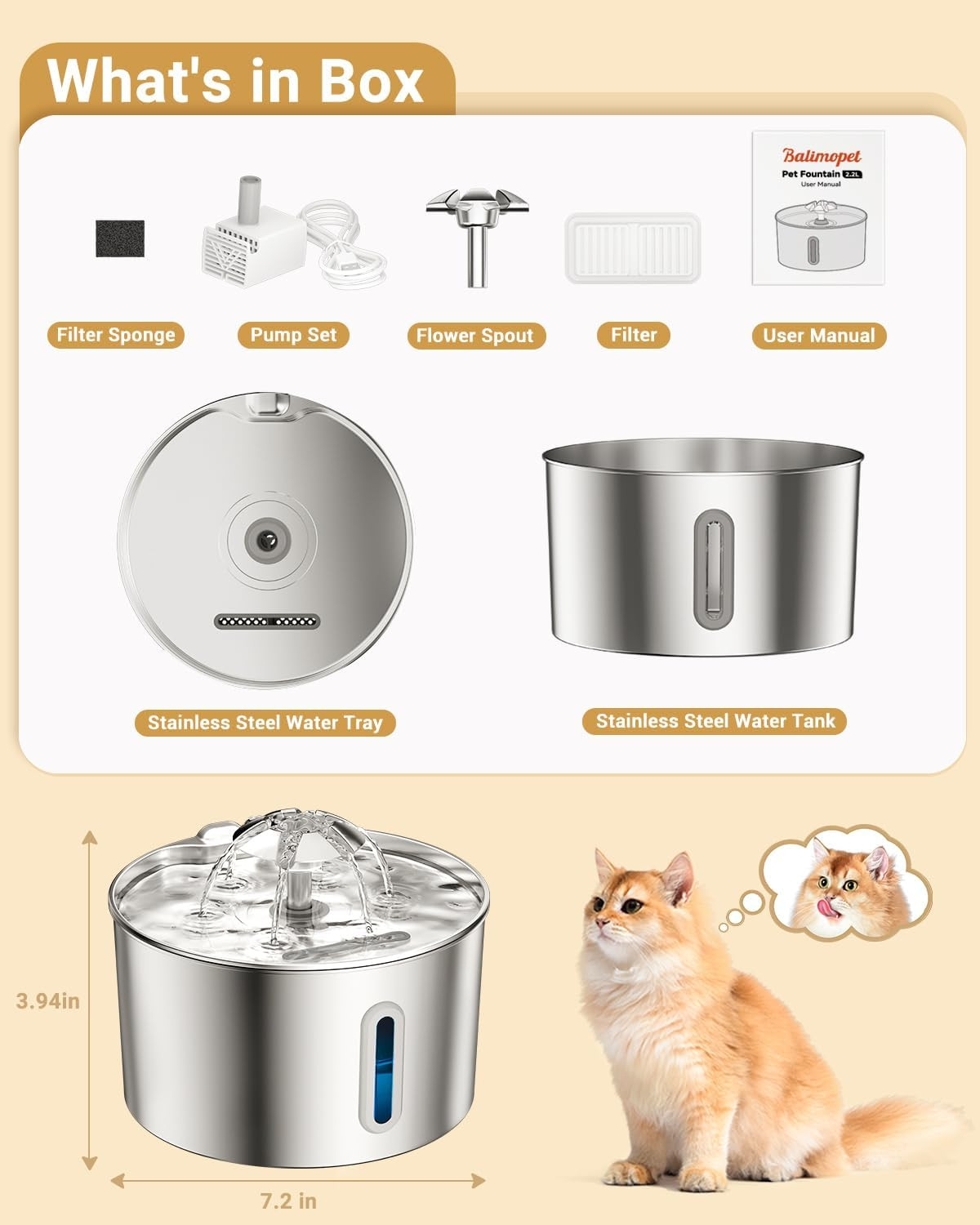 Cat Water Fountain Stainless Steel - 74oz/2.2L Pet Gift Dog Water Dispenser Auto