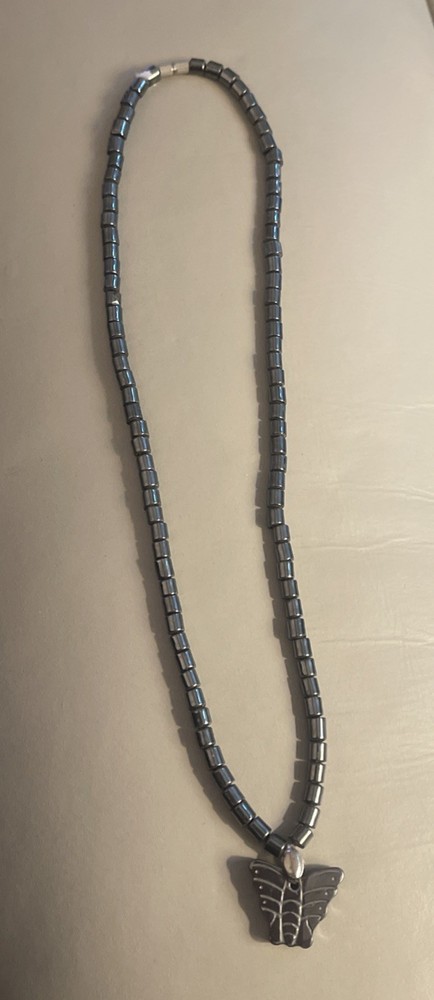 Hematite Butterfly Pendant 17" Necklace