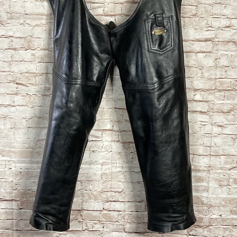 Joe Rocket Mens Black Leather Chaps Medium Open Back Pant GREAT CONDITION CLEAN