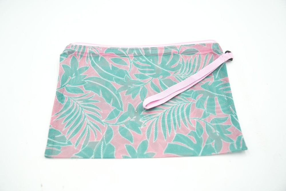 Mesh Makeup Bag - Tropical Design, Pink and Green
