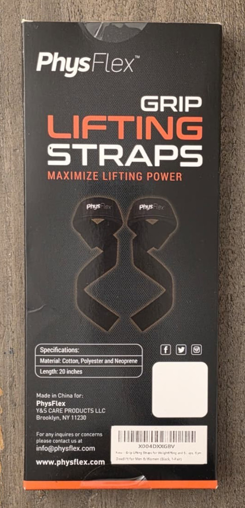 PhysFlex Grip Lifting Straps For Weightlifting & Strength Training Black 1 Pair