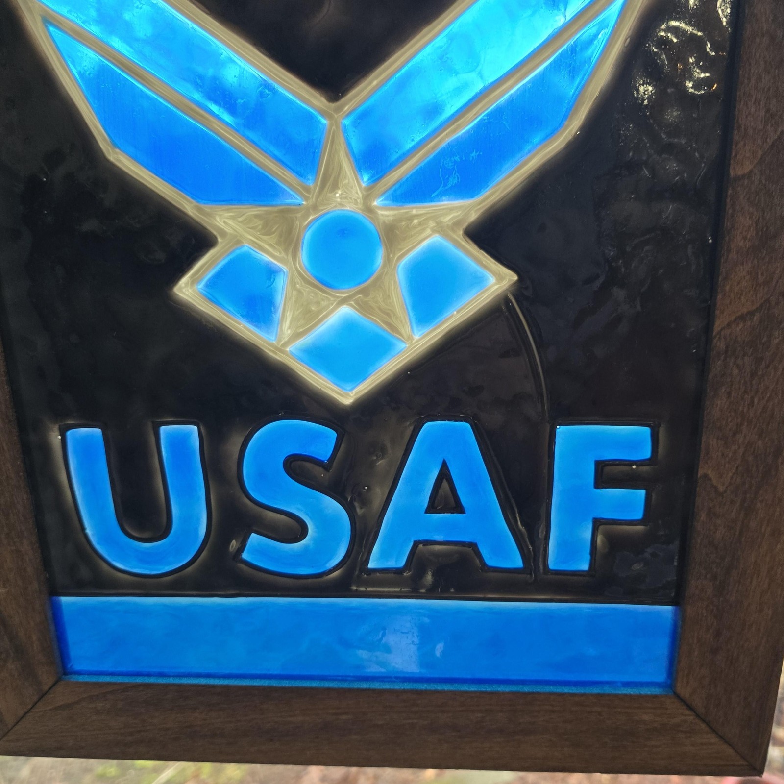 USAF Air Force Stained Glass Hanging Window Panel Wood Frame Blue Black Decor