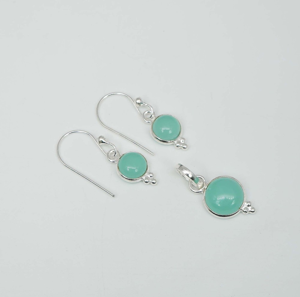 925 Solid Sterling Silver Aqua Chalcedony Hook Earring Pendant Set