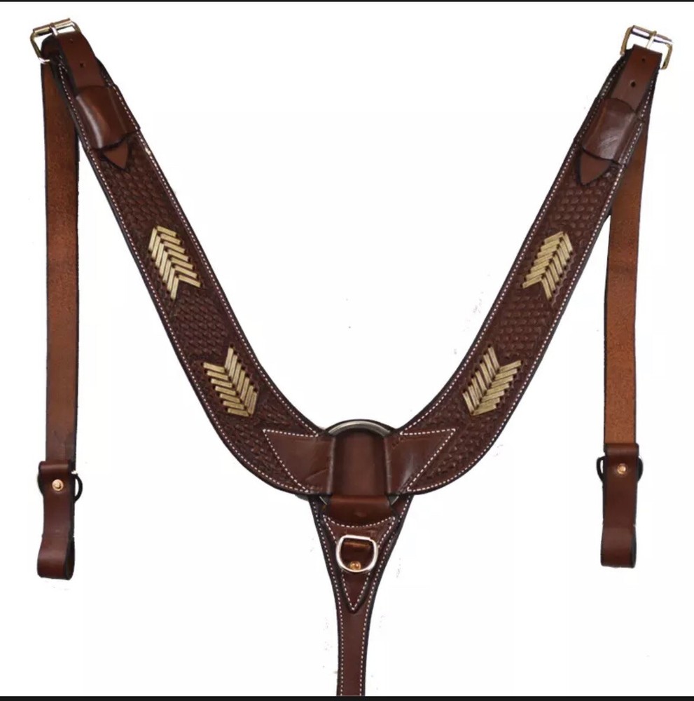 Western Brown Leather Rawhide Weaved Hand Tooled Pulling Breast Collar